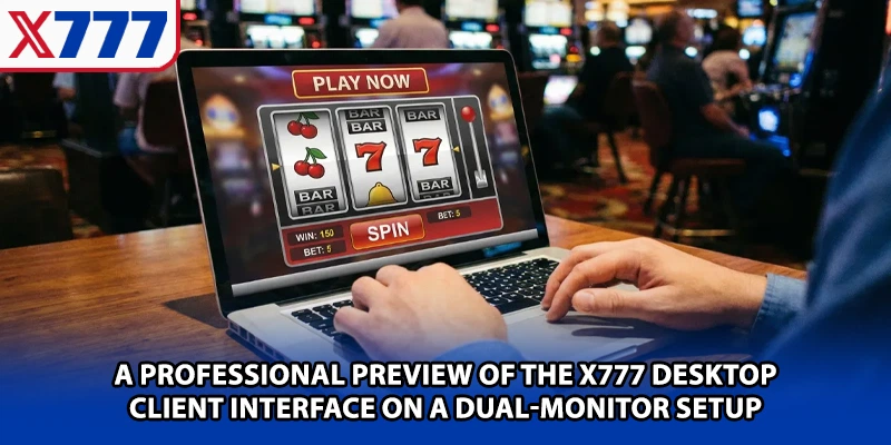 A professional preview of the X777 desktop client interface on a dual-monitor setup