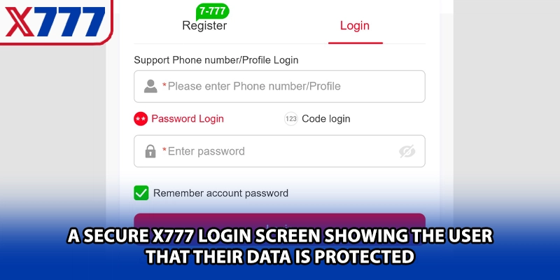 A secure X777 login screen showing the user that their data is protected