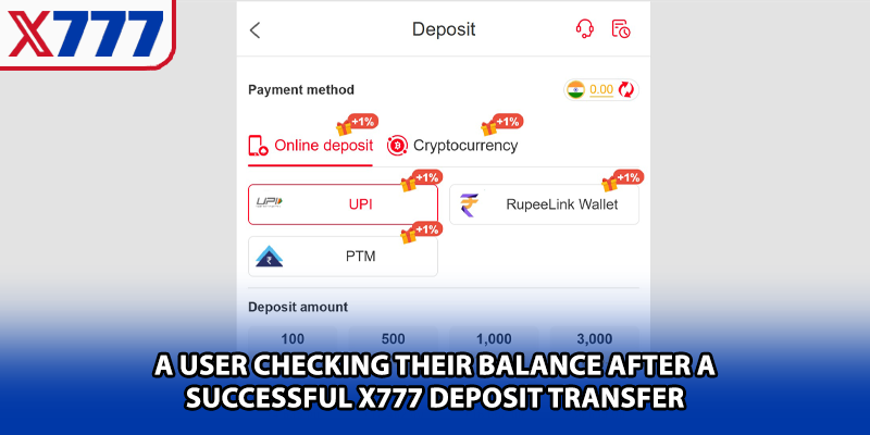 A user checking their balance after a successful X777 deposit transfer
