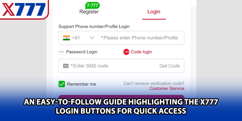 An easy-to-follow guide highlighting the X777 login buttons for quick access