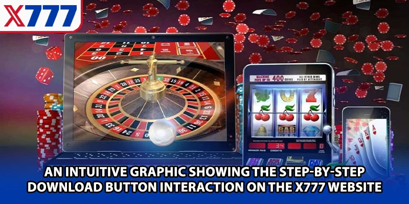 An intuitive graphic showing the step-by-step download button interaction on the X777 website