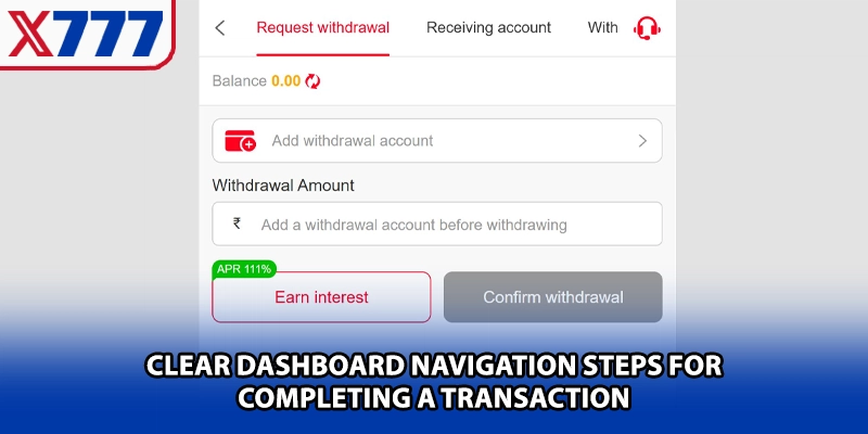 Clear dashboard navigation steps for completing a JJ77 withdrawal transaction