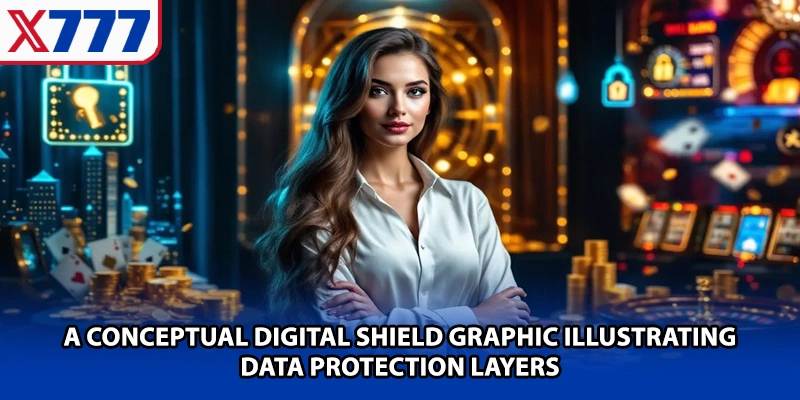 A conceptual digital shield graphic illustrating data protection layers