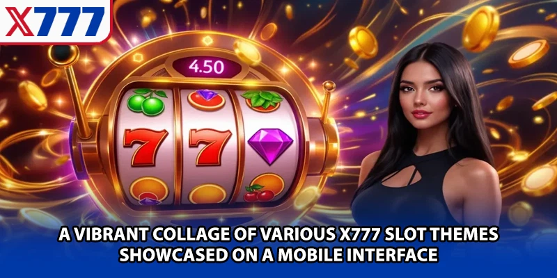 A vibrant collage of various X777 Slot themes showcased on a mobile interface